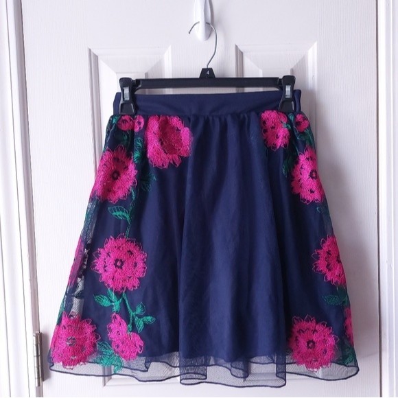 Speechless - Navy Blue & Pink Floral Tulle Layered Skater/Mini Skirt - Picture 2 of 12